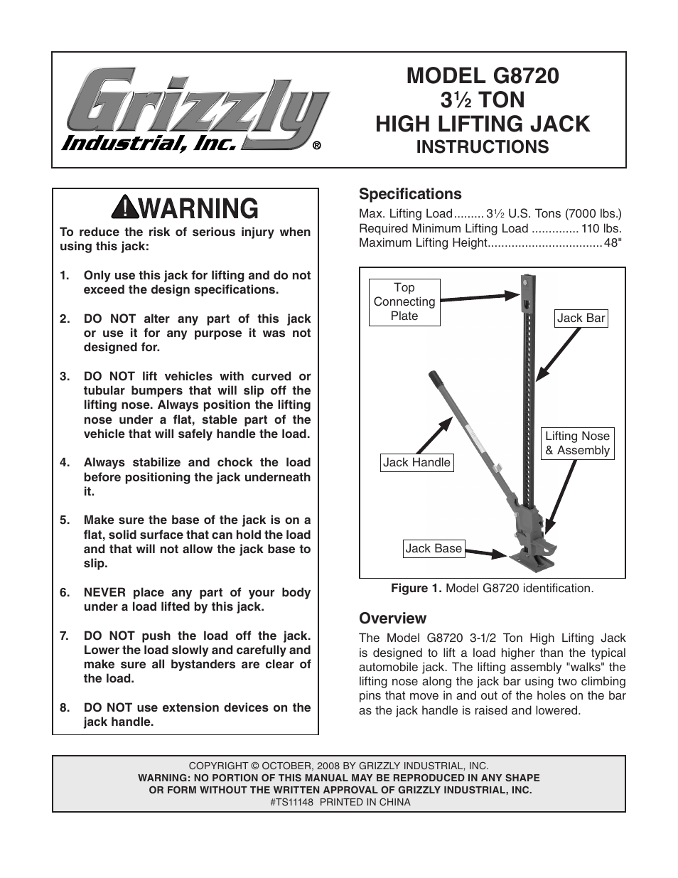Grizzly 3 1/2 Ton High Lifting Jack G8720 User Manual | 4 pages