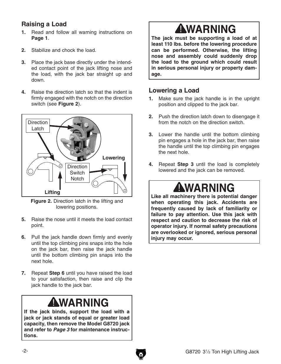 Raising a load, Lowering a load | Grizzly 3 1/2 Ton High Lifting Jack G8720 User Manual | Page 2 / 4