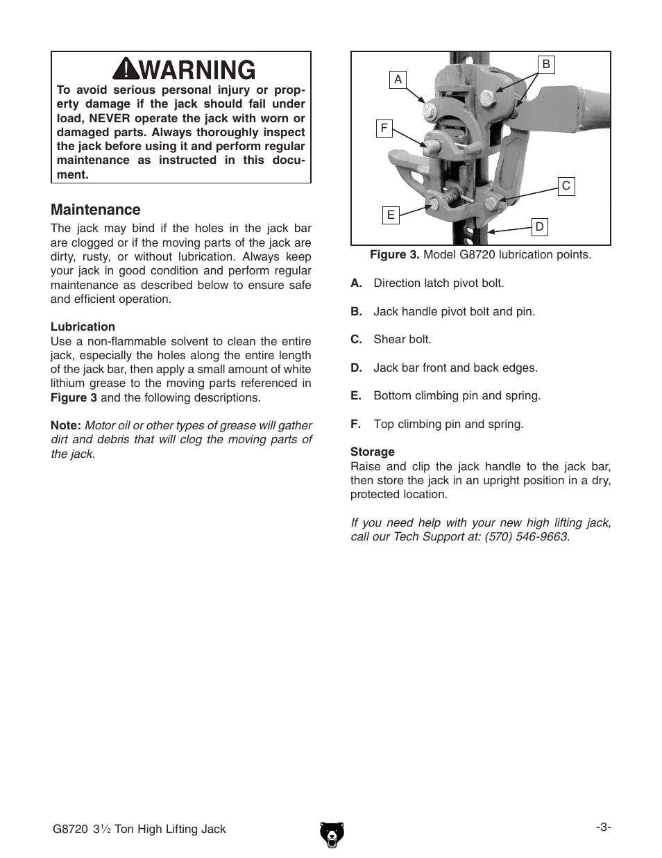 Maintenance | Grizzly 3 1/2 Ton High Lifting Jack G8720 User Manual | Page 3 / 4