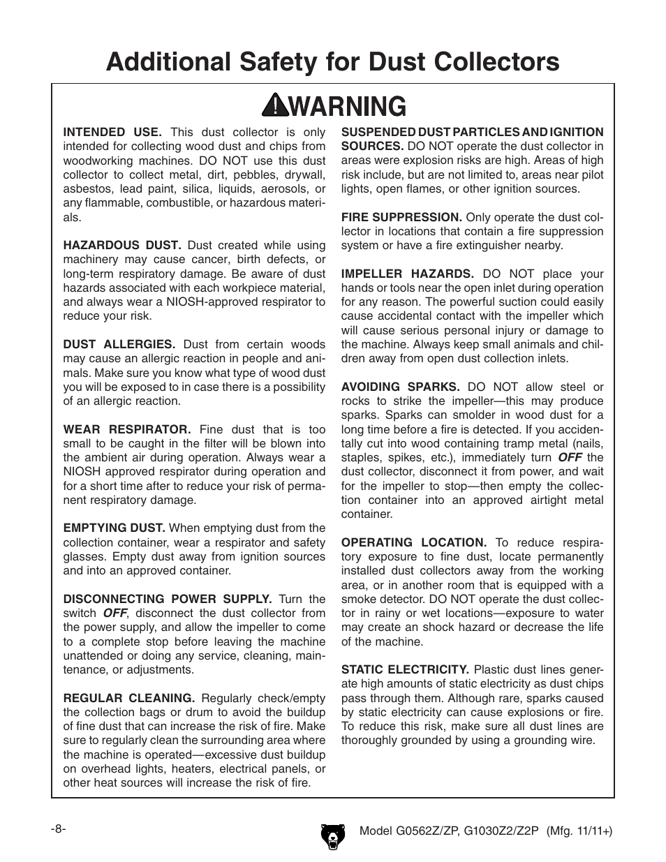 Additional safety for dust collectors | Grizzly G0562Z User Manual | Page 10 / 48