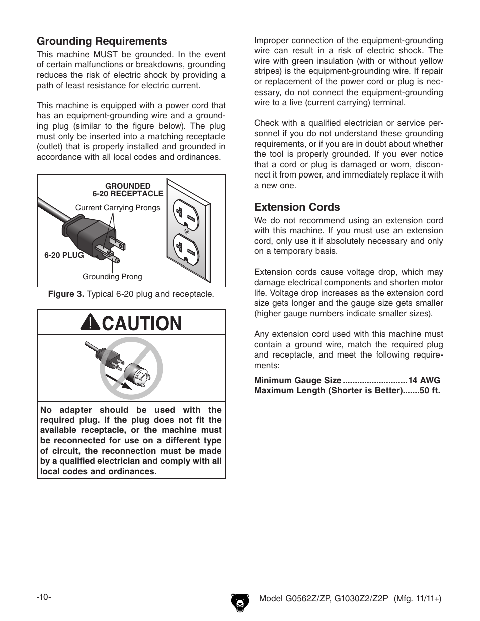 Extension cords, Grounding requirements | Grizzly G0562Z User Manual | Page 12 / 48