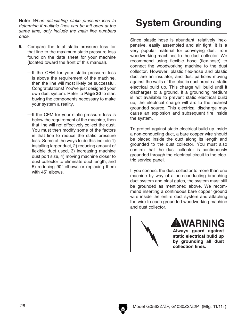 System grounding | Grizzly G0562Z User Manual | Page 28 / 48