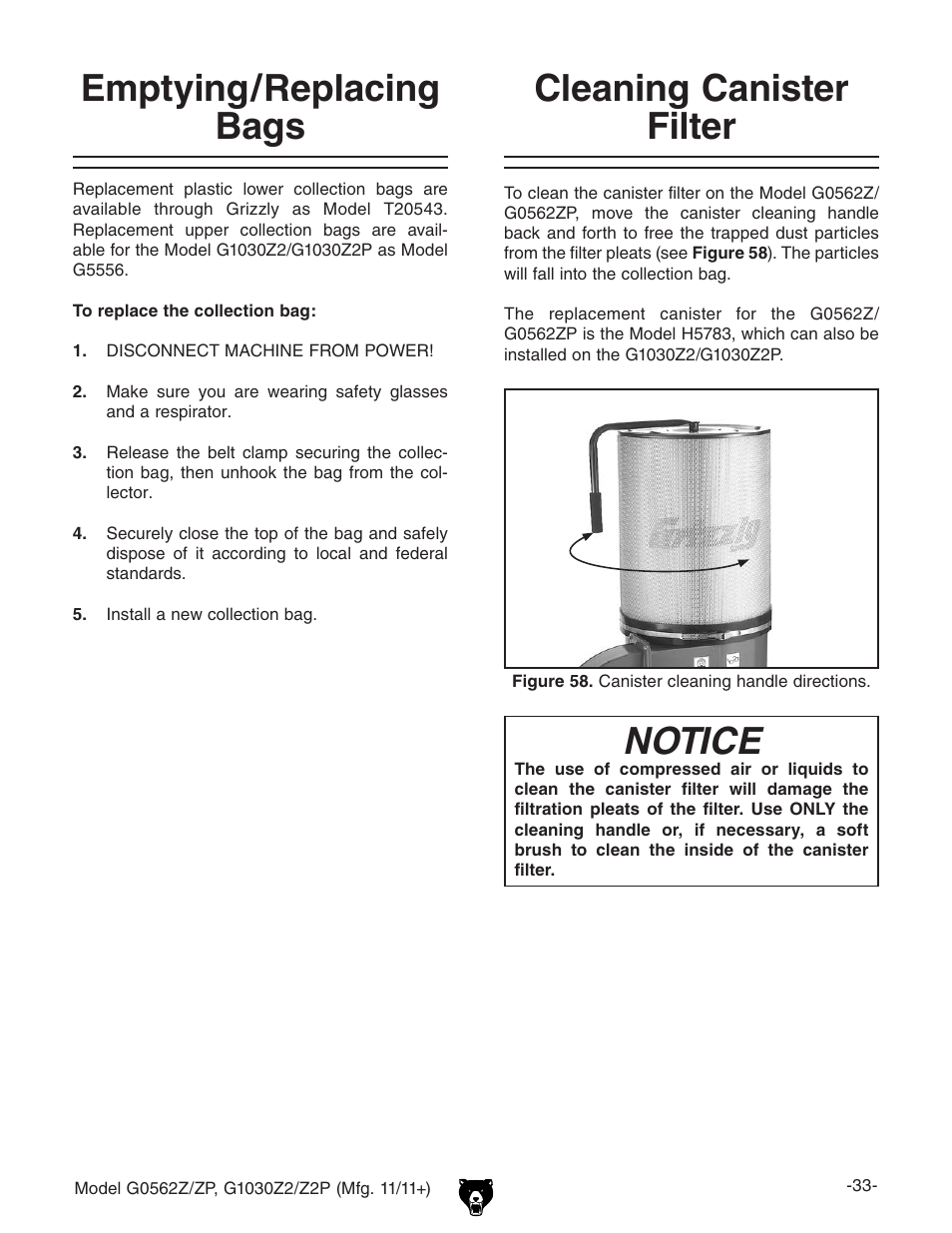 Emptying/replacing bags, Cleaning canister filter, Notice | Grizzly G0562Z User Manual | Page 35 / 48