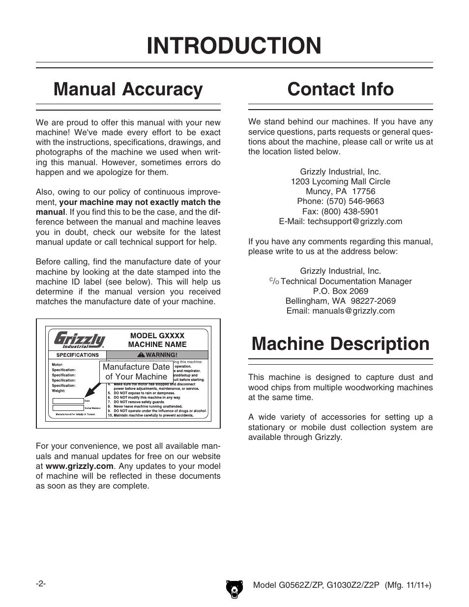 Introduction, Contact info manual accuracy, Machine description | Grizzly G0562Z User Manual | Page 4 / 48