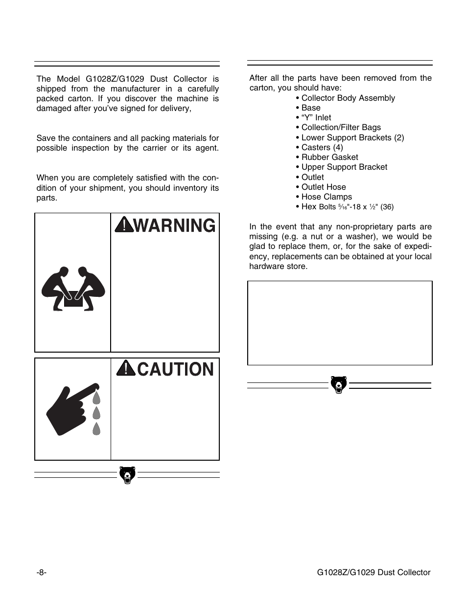 Unpacking piece inventory notice | Grizzly G1029 User Manual | Page 10 / 32