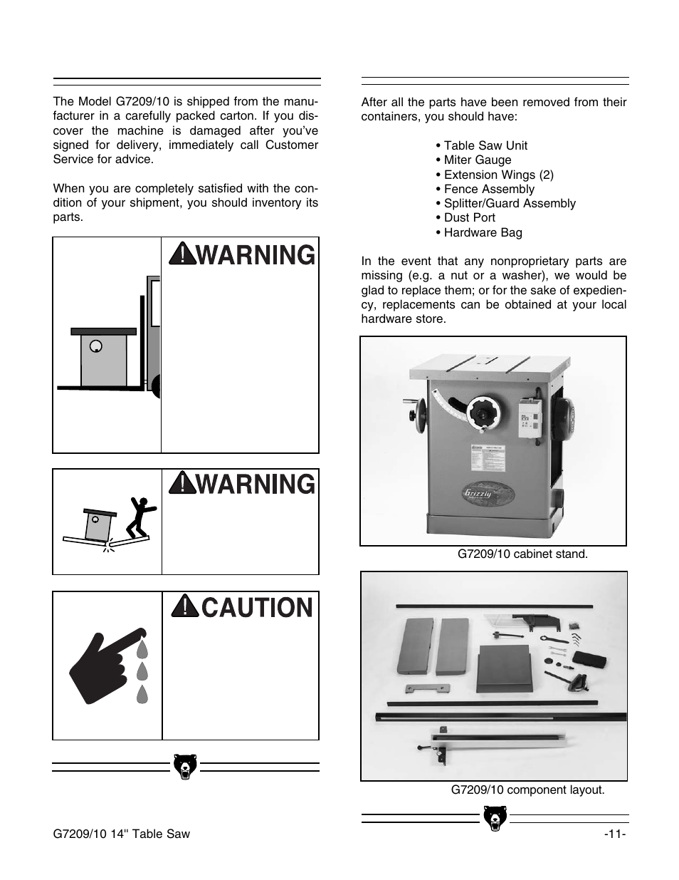 Unpacking, Piece inventory | Grizzly G7209 User Manual | Page 13 / 52