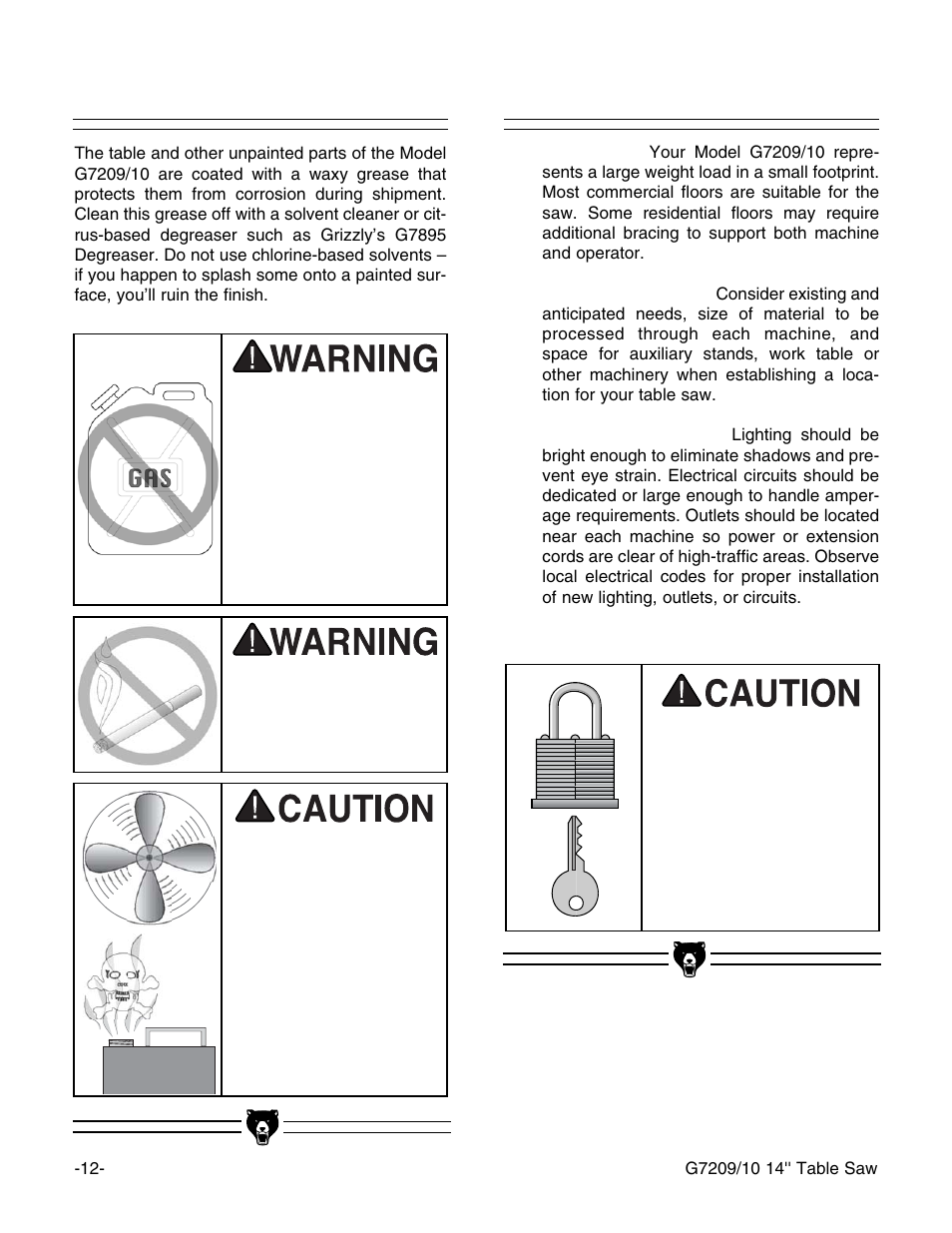 Clean up, Site considerations | Grizzly G7209 User Manual | Page 14 / 52