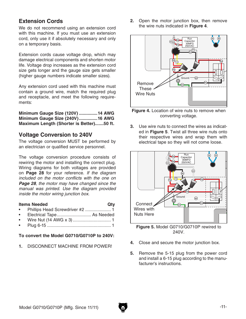 Extension cords, Voltage conversion to 240v, 240 volt motor | 120 vac, 240 vac, 120 volt motor | Grizzly G0710 User Manual | Page 13 / 36