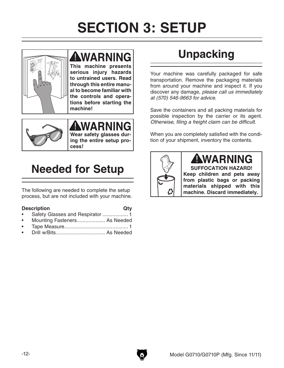 Needed for setup, Unpacking | Grizzly G0710 User Manual | Page 14 / 36