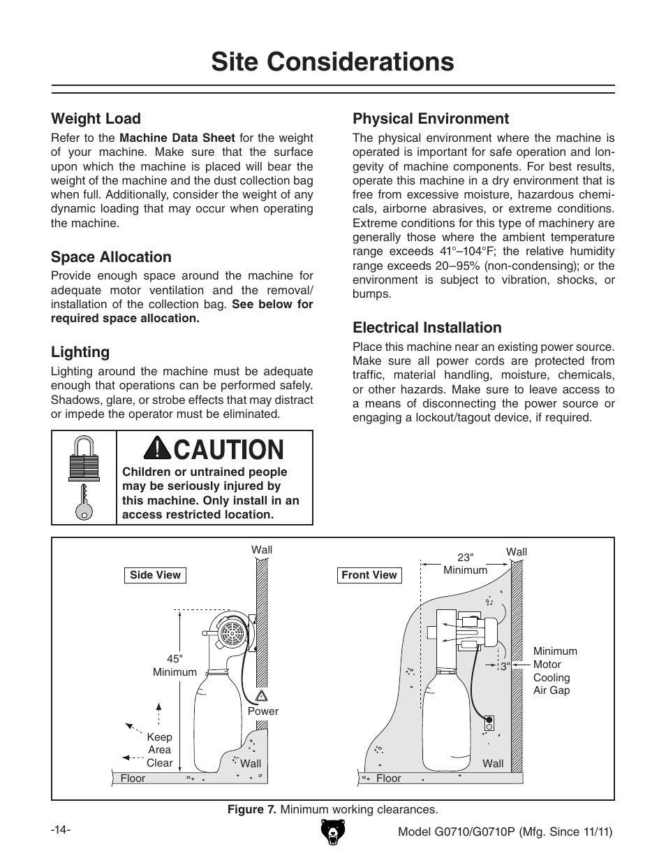 Site considerations, Weight load, Space allocation | Lighting, Physical environment, Electrical installation | Grizzly G0710 User Manual | Page 16 / 36