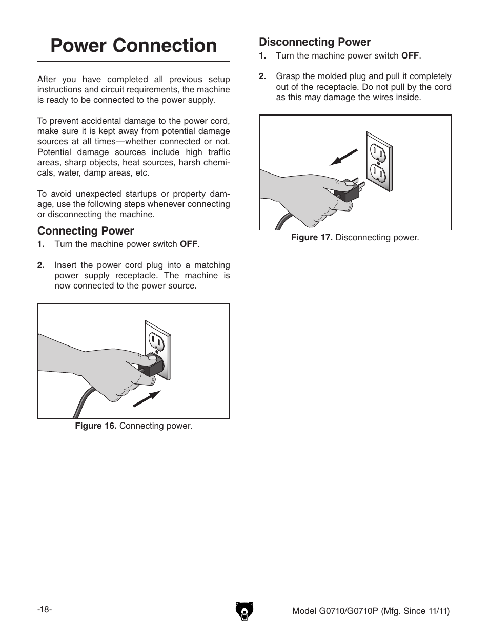 Power connection | Grizzly G0710 User Manual | Page 20 / 36