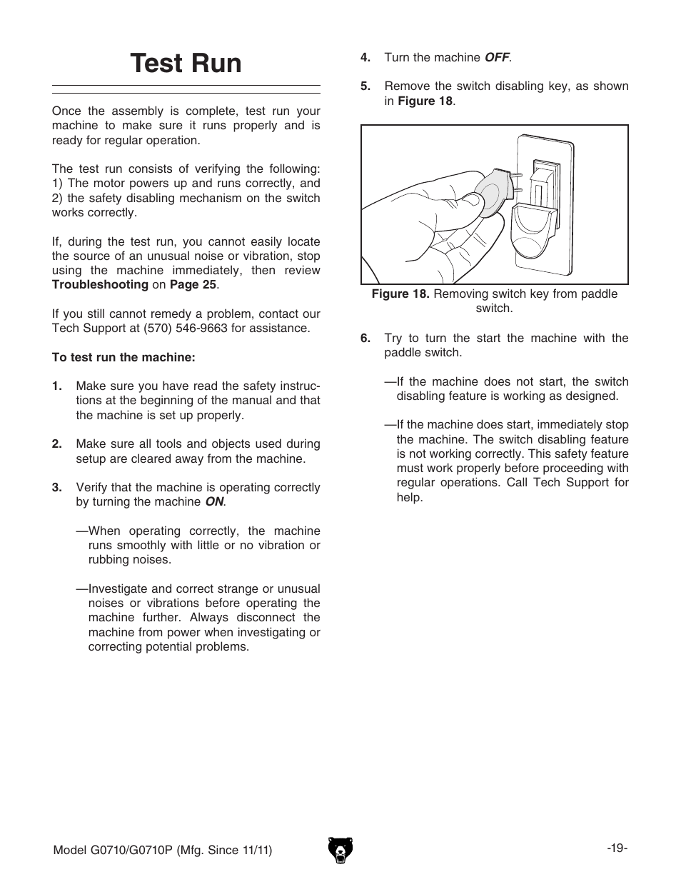 Test run | Grizzly G0710 User Manual | Page 21 / 36