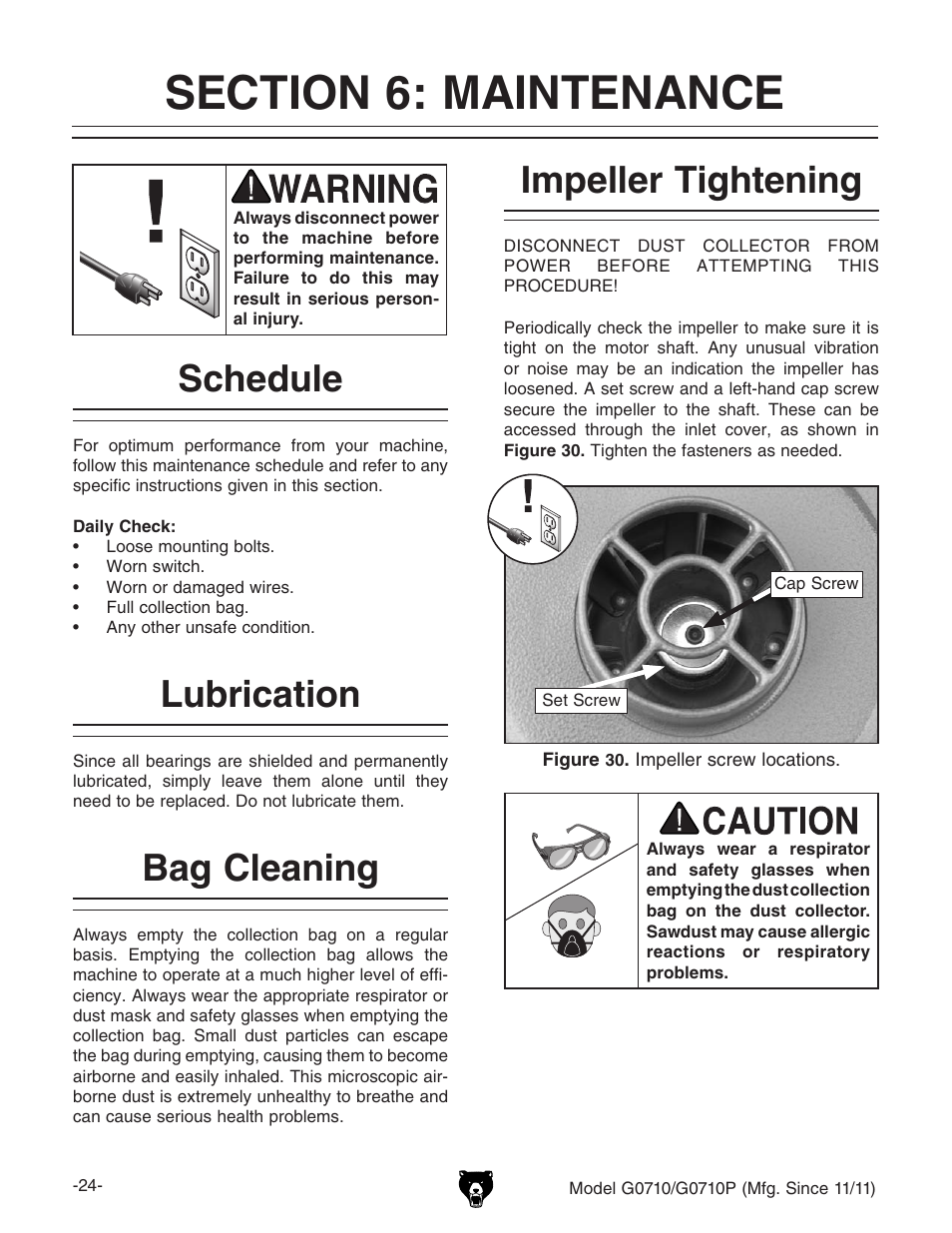 Schedule, Lubrication impeller tightening, Bag cleaning | Grizzly G0710 User Manual | Page 26 / 36