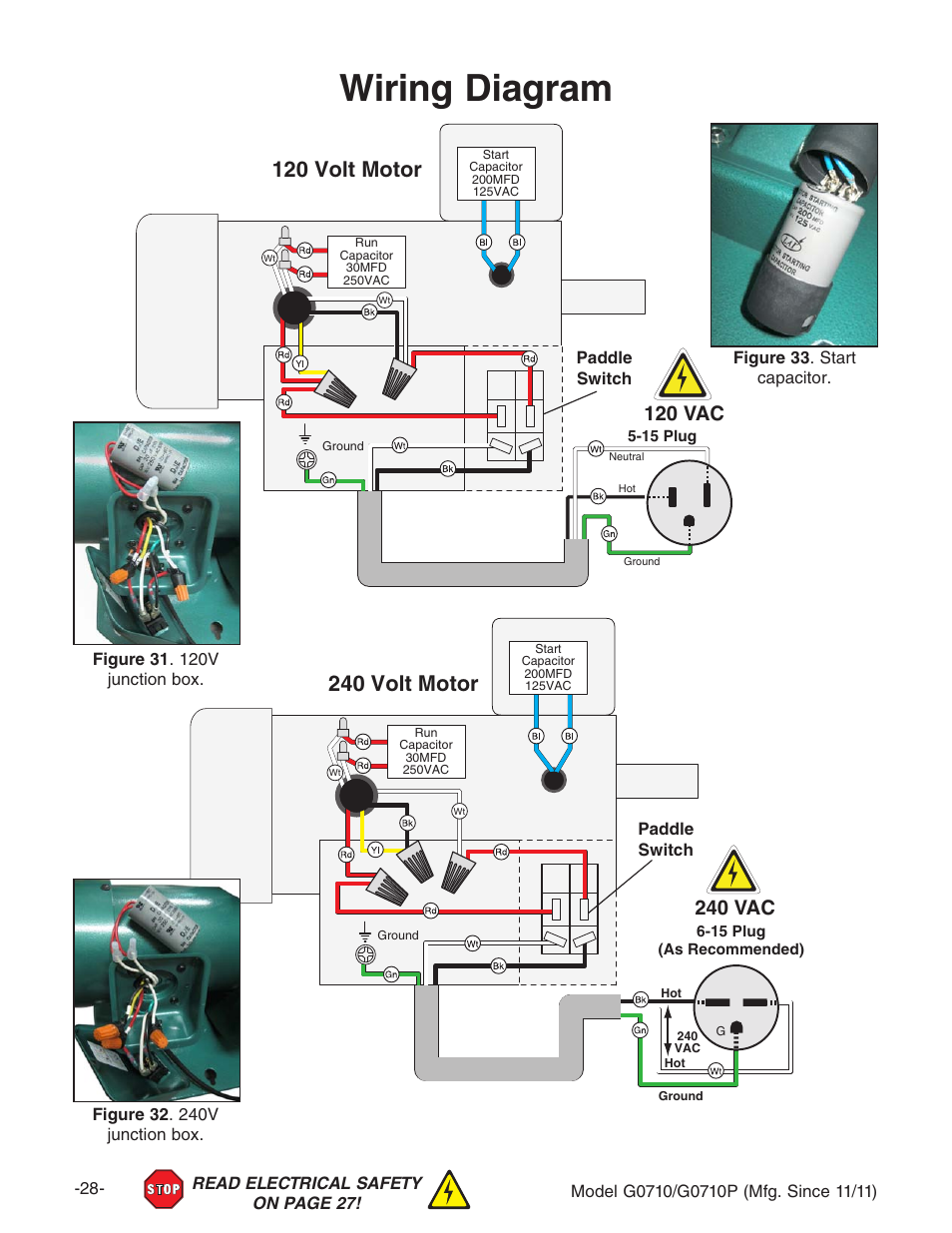 Wiring diagram, 120 volt motor, 240 volt motor | 120 vac, 240 vac | Grizzly G0710 User Manual | Page 30 / 36