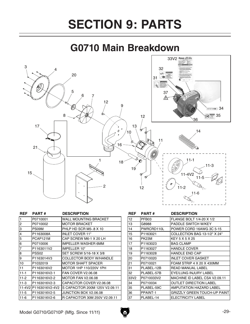 G0710 main breakdown | Grizzly G0710 User Manual | Page 31 / 36