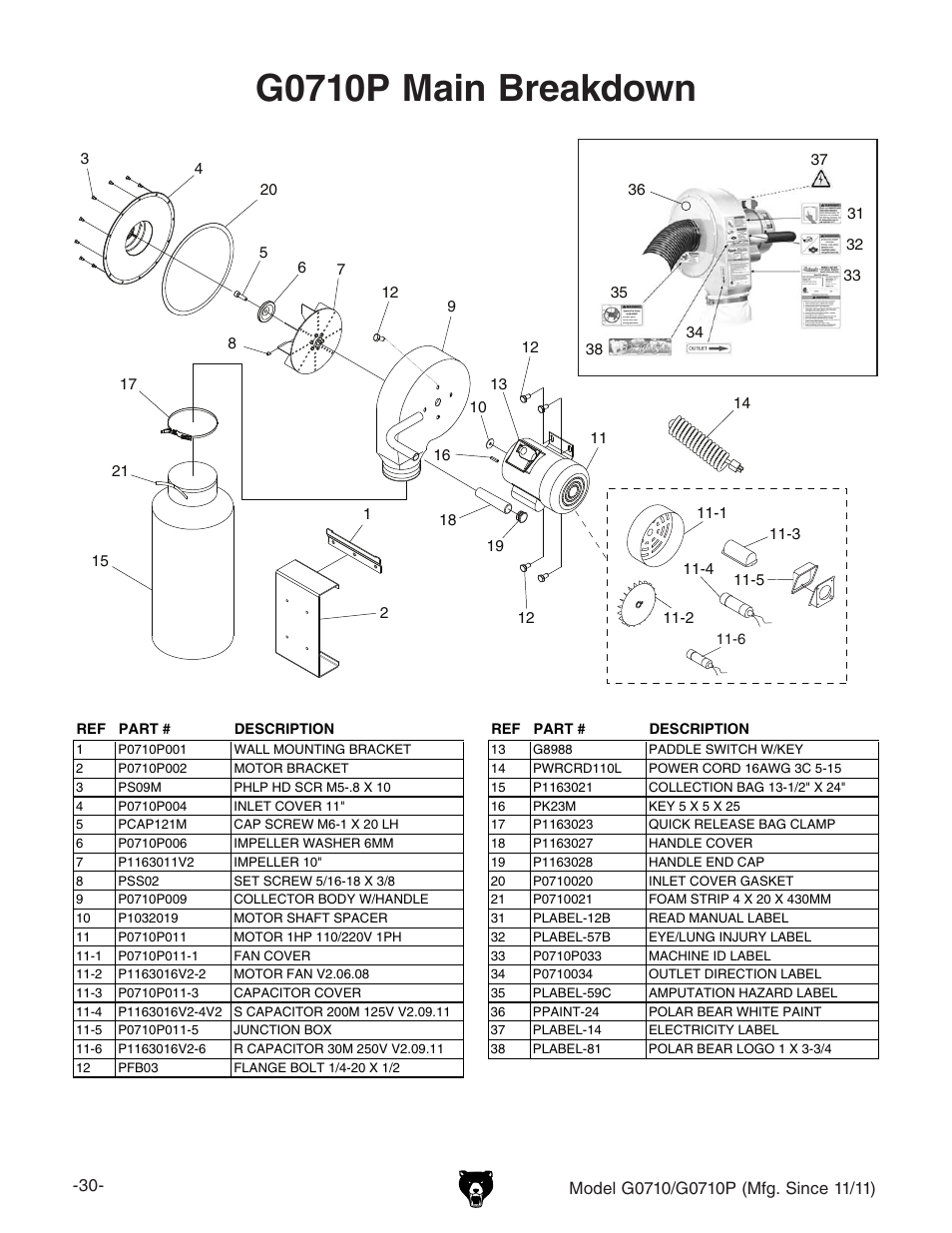 G0710p main breakdown | Grizzly G0710 User Manual | Page 32 / 36