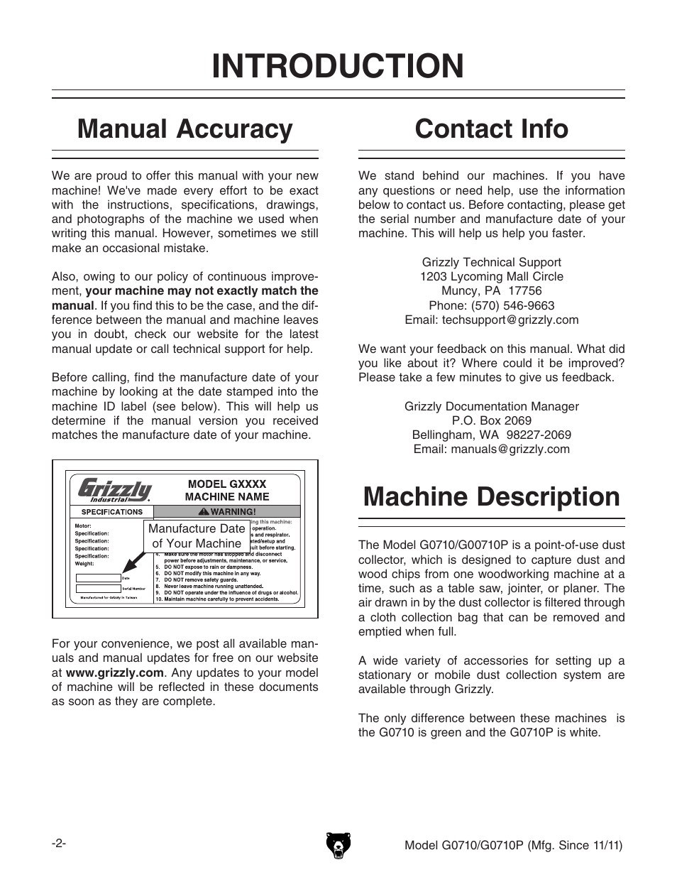 Introduction, Machine description, Contact info | Manual accuracy | Grizzly G0710 User Manual | Page 4 / 36