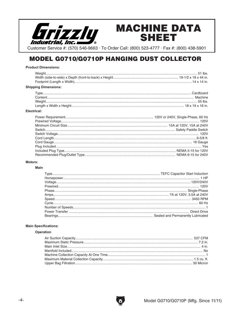 Machine data sheet | Grizzly G0710 User Manual | Page 6 / 36