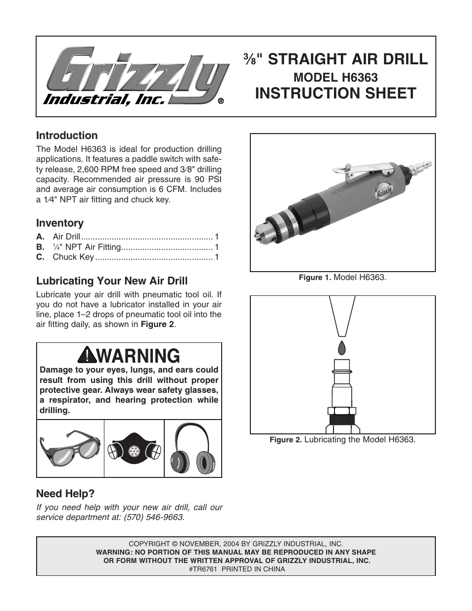Grizzly 3/8" Straight Air Drill H6363 User Manual | 2 pages