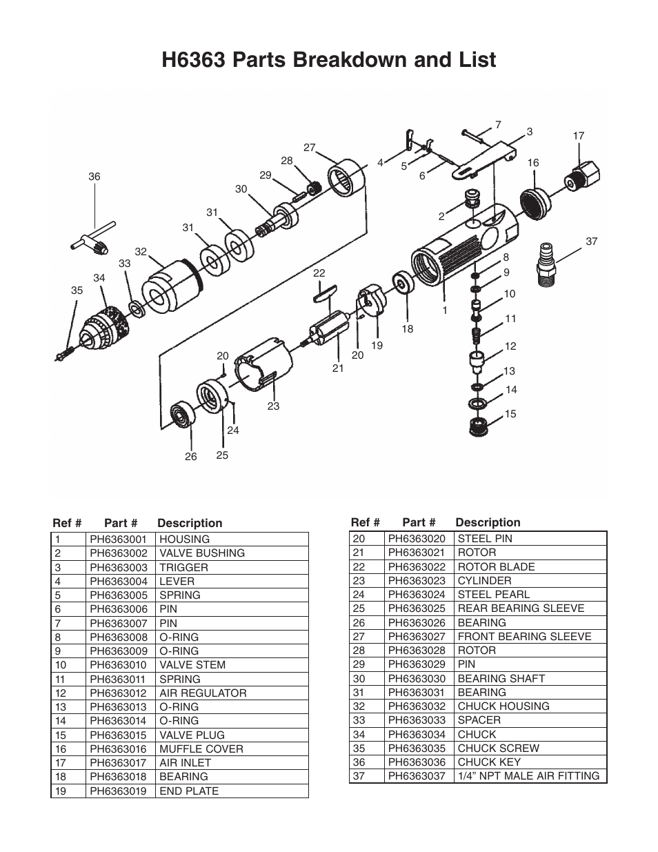 H6363 parts breakdown and list | Grizzly 3/8" Straight Air Drill H6363 User Manual | Page 2 / 2