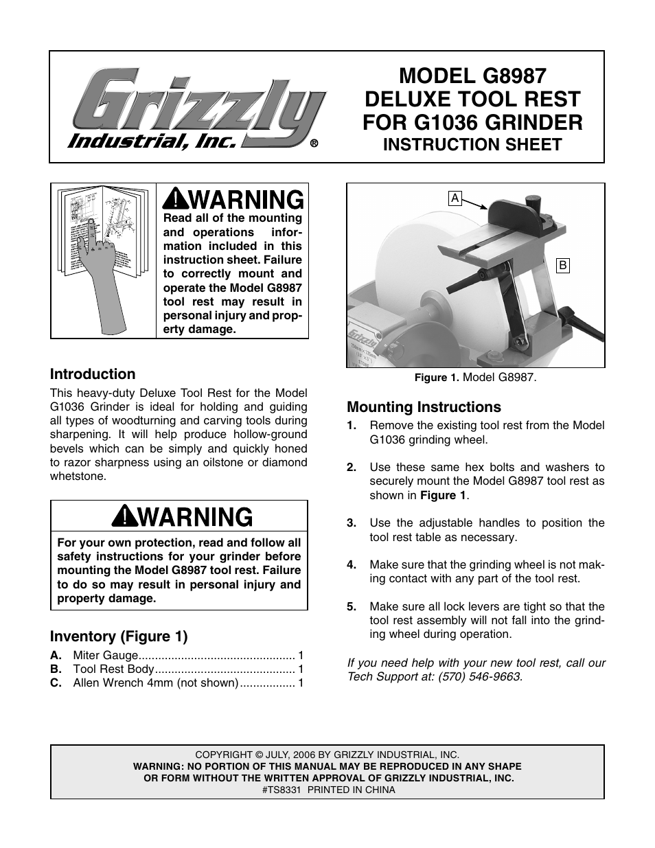 Grizzly Deluxe Tool Rest G8987 User Manual | 2 pages