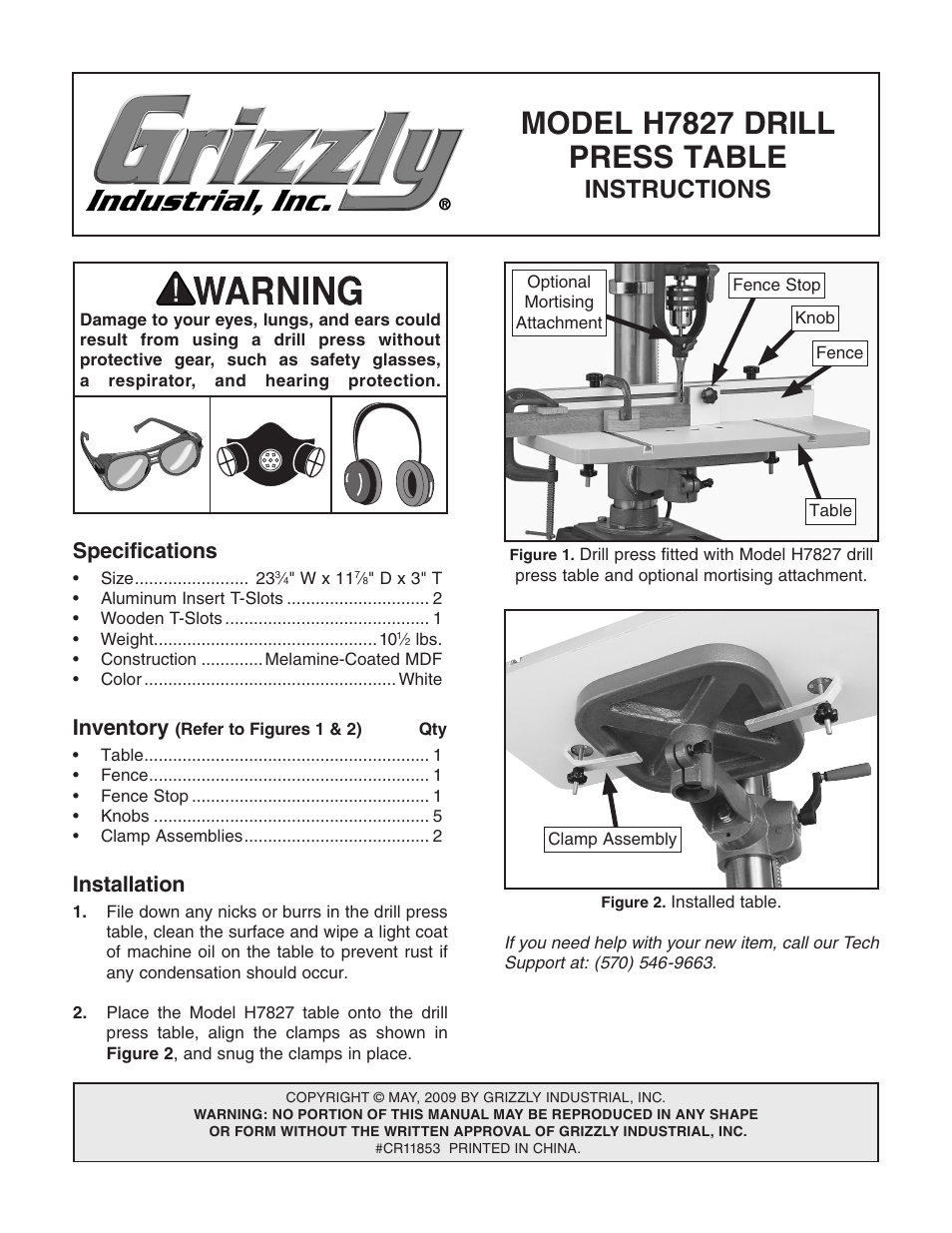 Grizzly Press Table H7827 User Manual | 2 pages