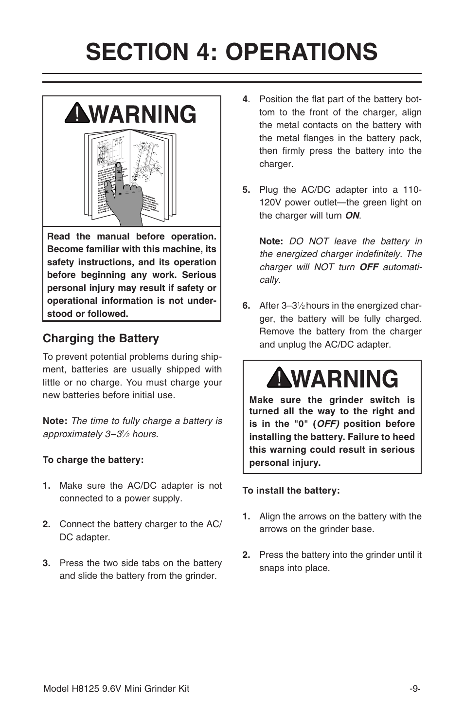 Charging the battery | Grizzly H8125 User Manual | Page 11 / 20
