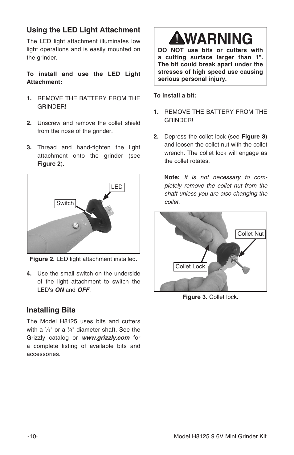Installing bits, Using the led light attachment | Grizzly H8125 User Manual | Page 12 / 20