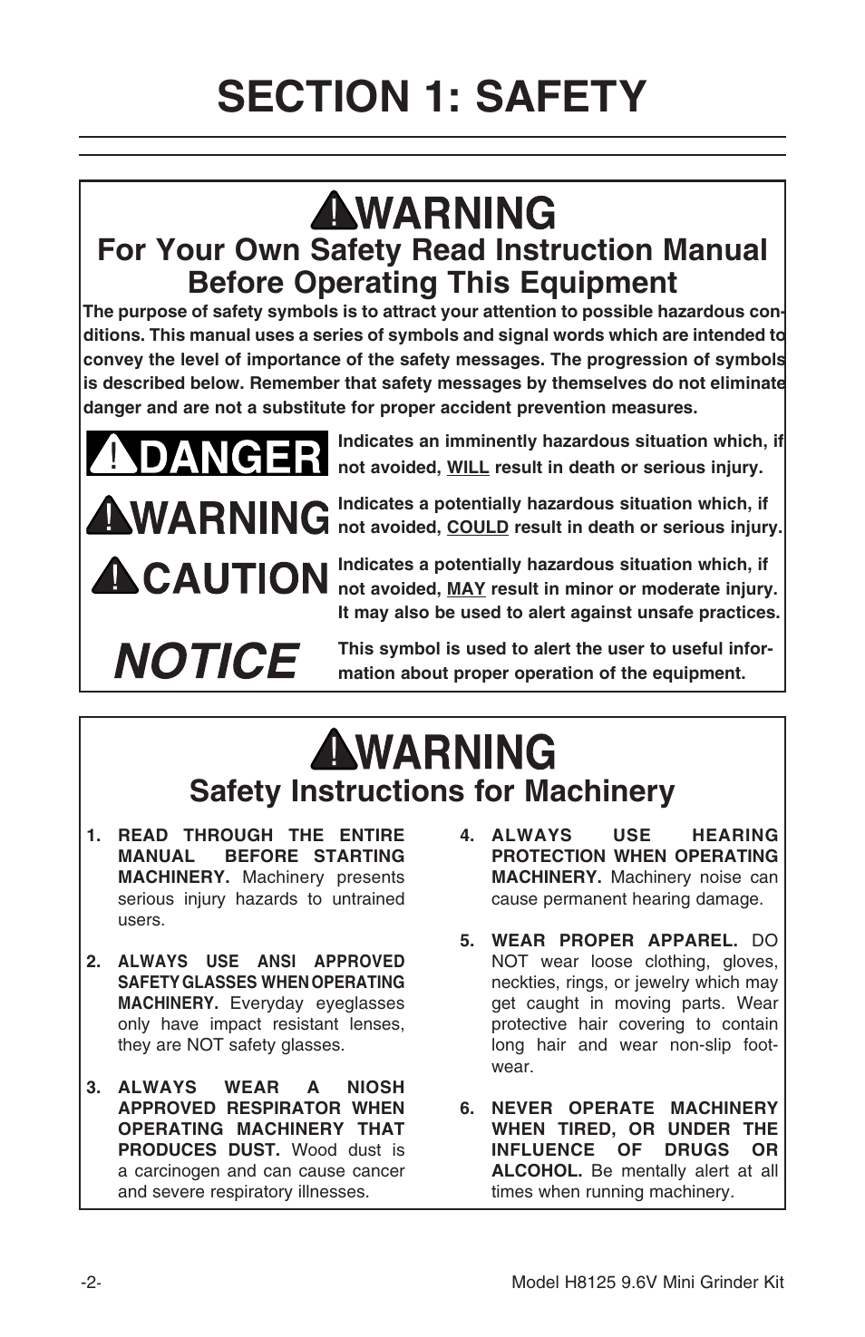 Safety instructions for machinery | Grizzly H8125 User Manual | Page 4 / 20