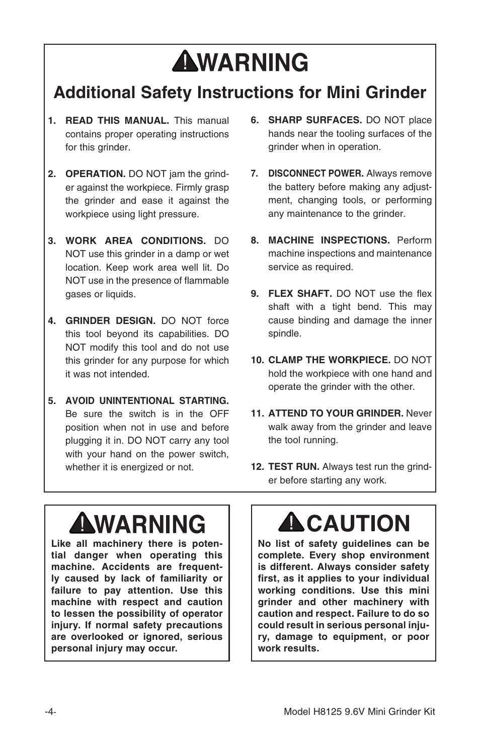 Additional safety instructions for mini grinder | Grizzly H8125 User Manual | Page 6 / 20