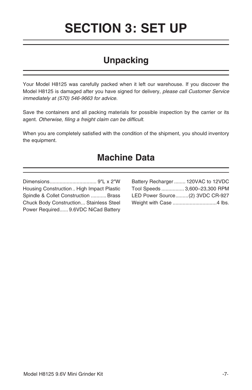 Unpacking machine data | Grizzly H8125 User Manual | Page 9 / 20
