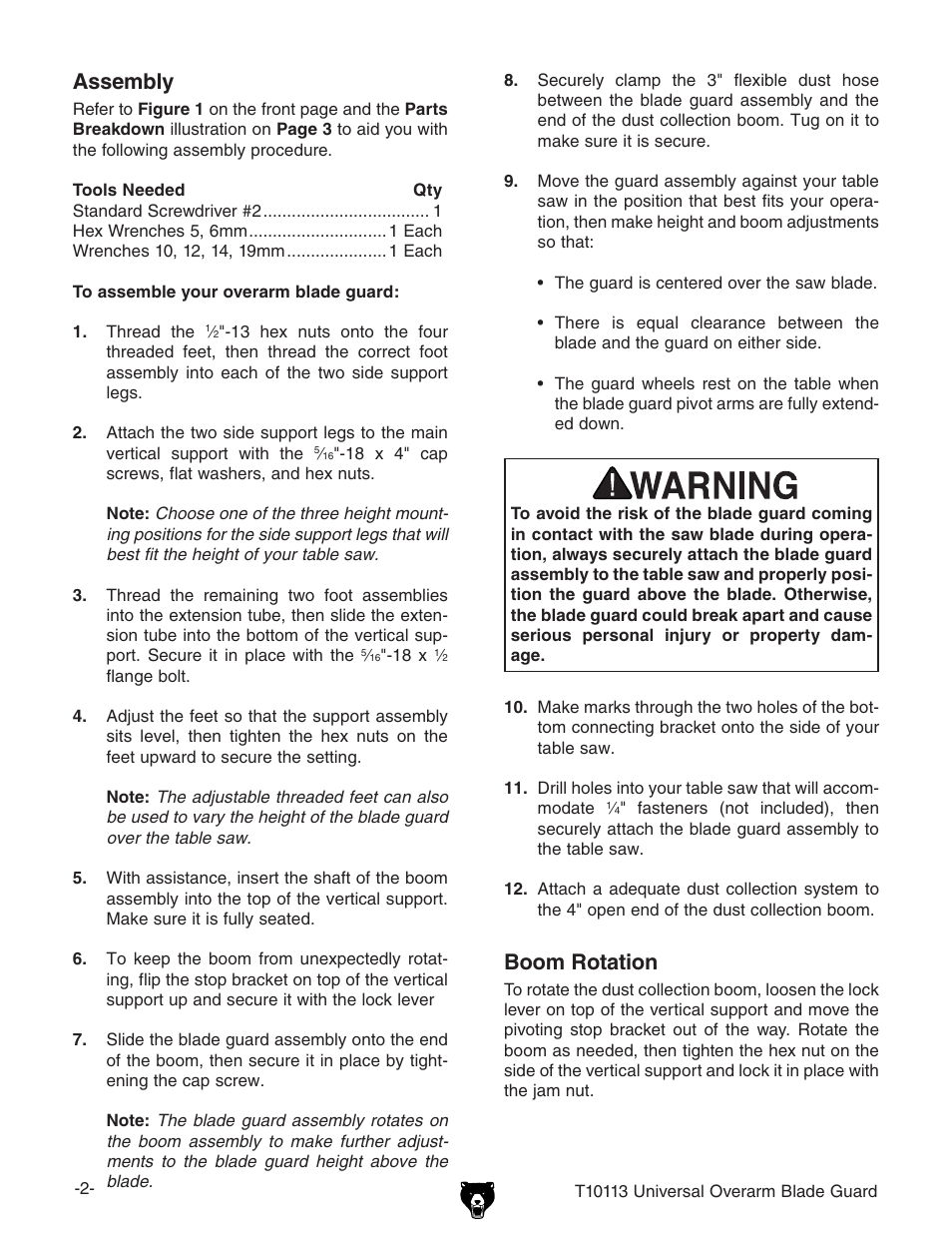 Assembly, Boom rotation | Grizzly T10113 User Manual | Page 2 / 4