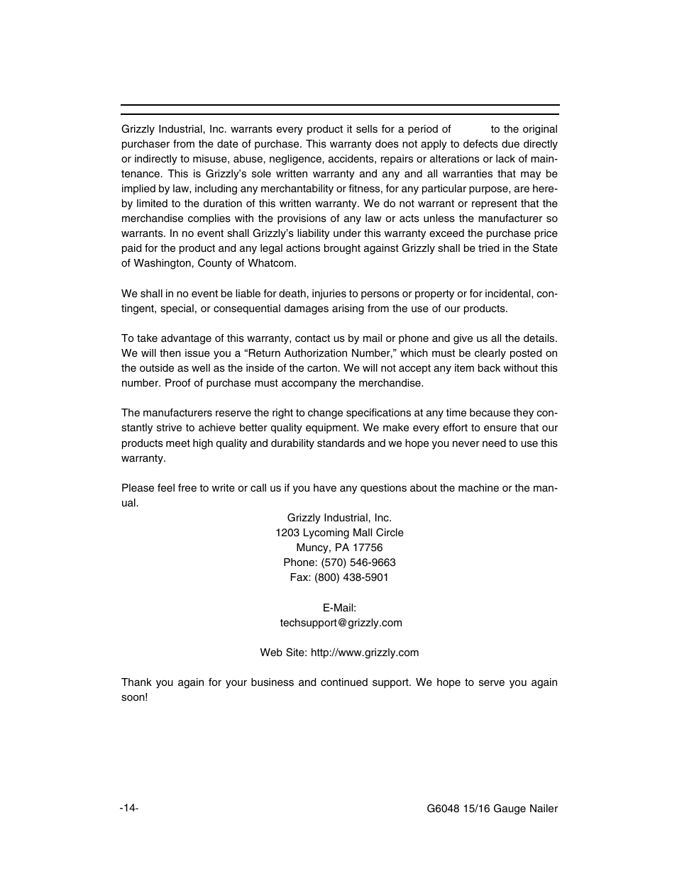 Warranty and returns | Grizzly G6048 User Manual | Page 15 / 17