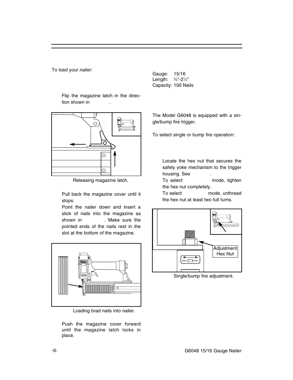 Operation, Loading nailer, Single/bump fire mode | Grizzly G6048 User Manual | Page 7 / 17