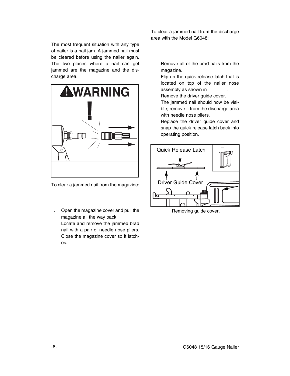 Clearing jammed nails | Grizzly G6048 User Manual | Page 9 / 17