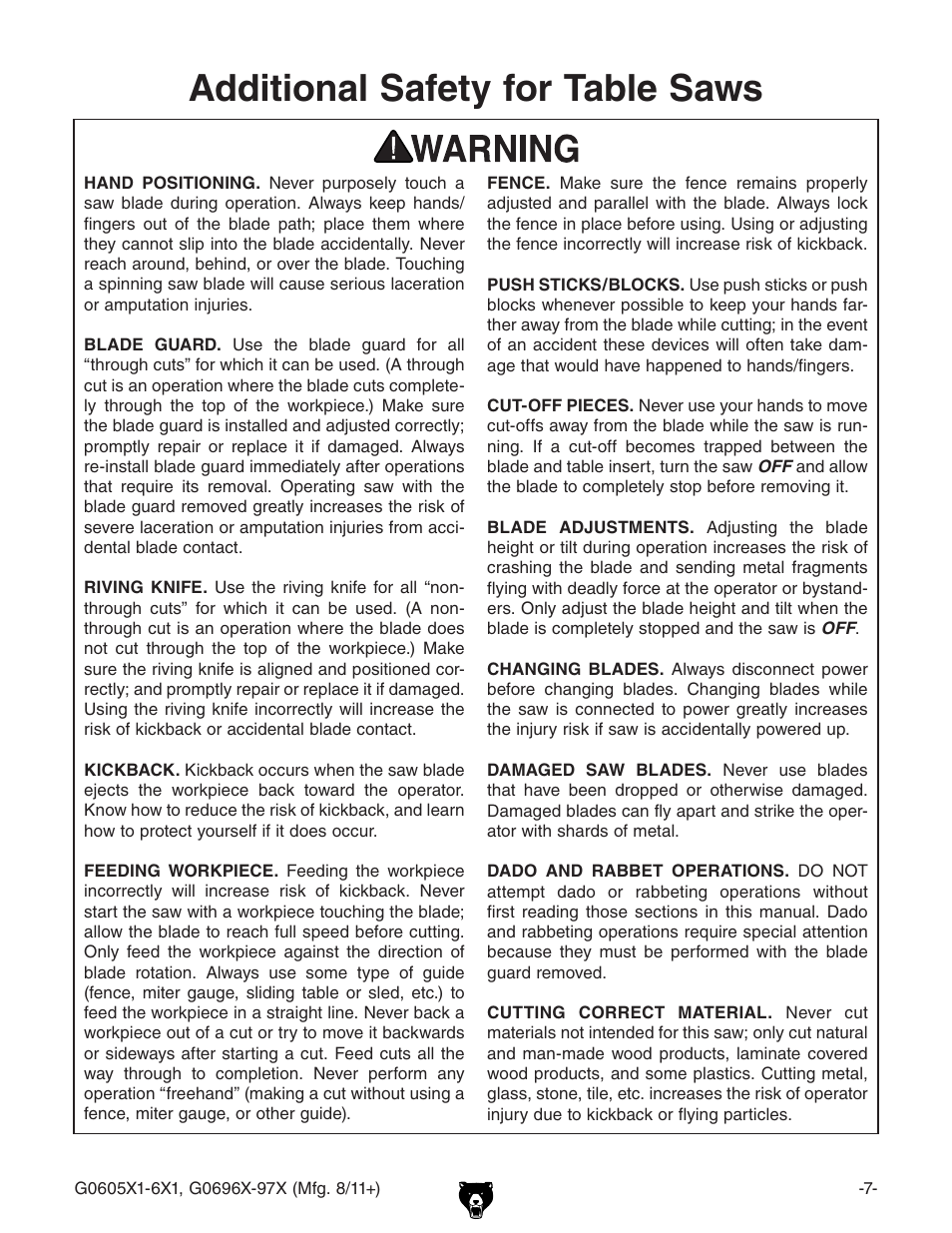 Additional safety for table saws | Grizzly G0696X User Manual | Page 10 / 101