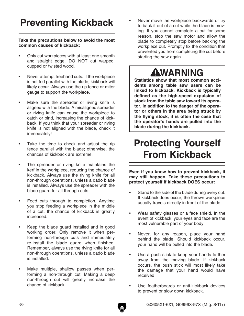 Preventing kickback, Protecting yourself from kickback | Grizzly G0696X User Manual | Page 11 / 101