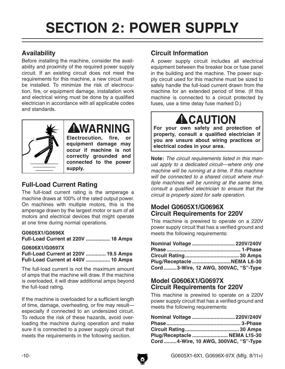 Section 2: power supply | Grizzly G0696X User Manual | Page 13 / 101