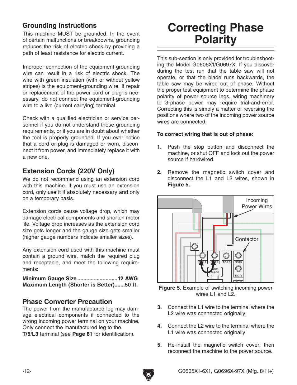 Correcting phase polarity, Grounding instructions phase converter precaution, Magnetic switch assembly mpe-30 | Extension cords (220v only) | Grizzly G0696X User Manual | Page 15 / 101