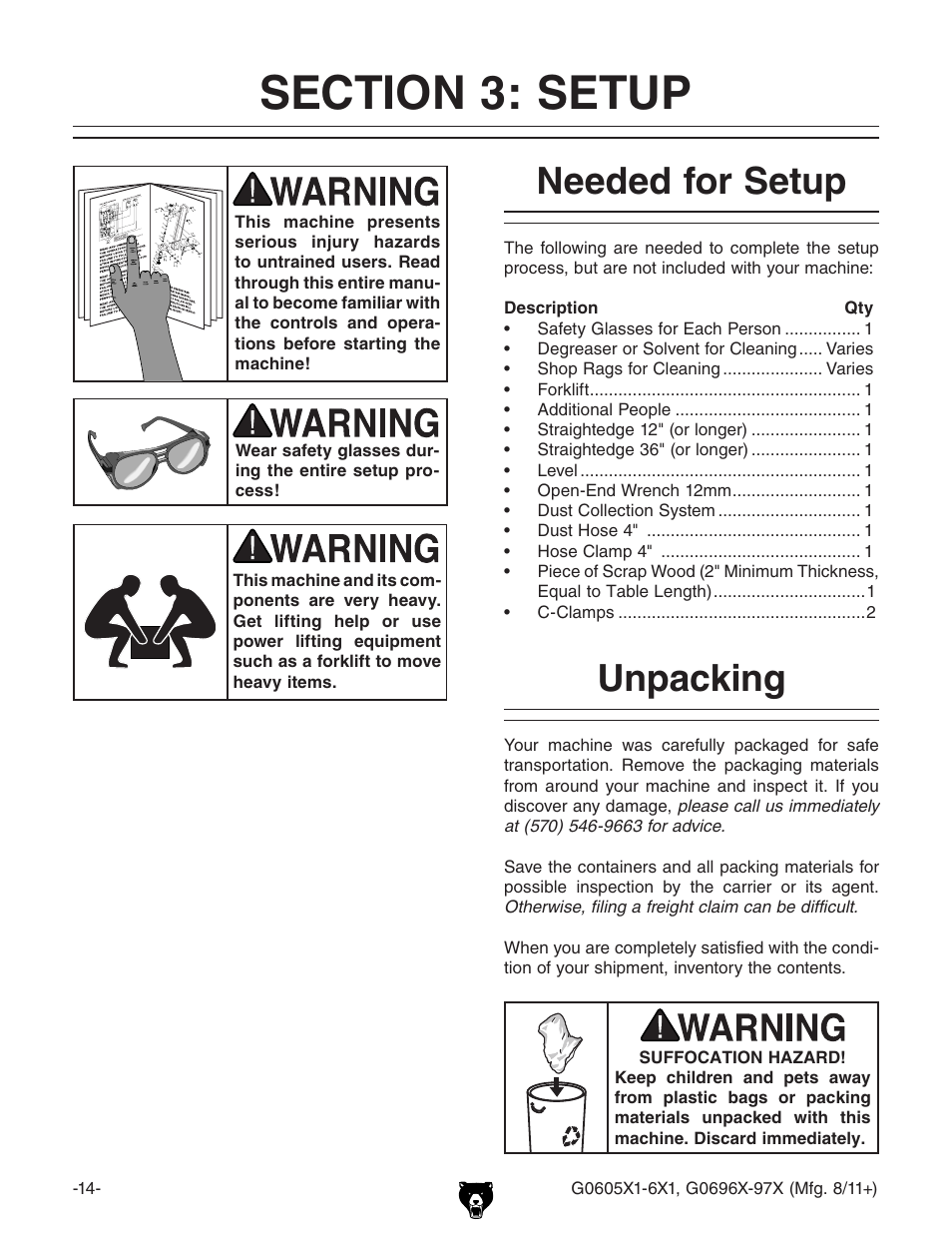 Section 3: setup, Needed for setup unpacking, Needed for setup | Unpacking | Grizzly G0696X User Manual | Page 17 / 101