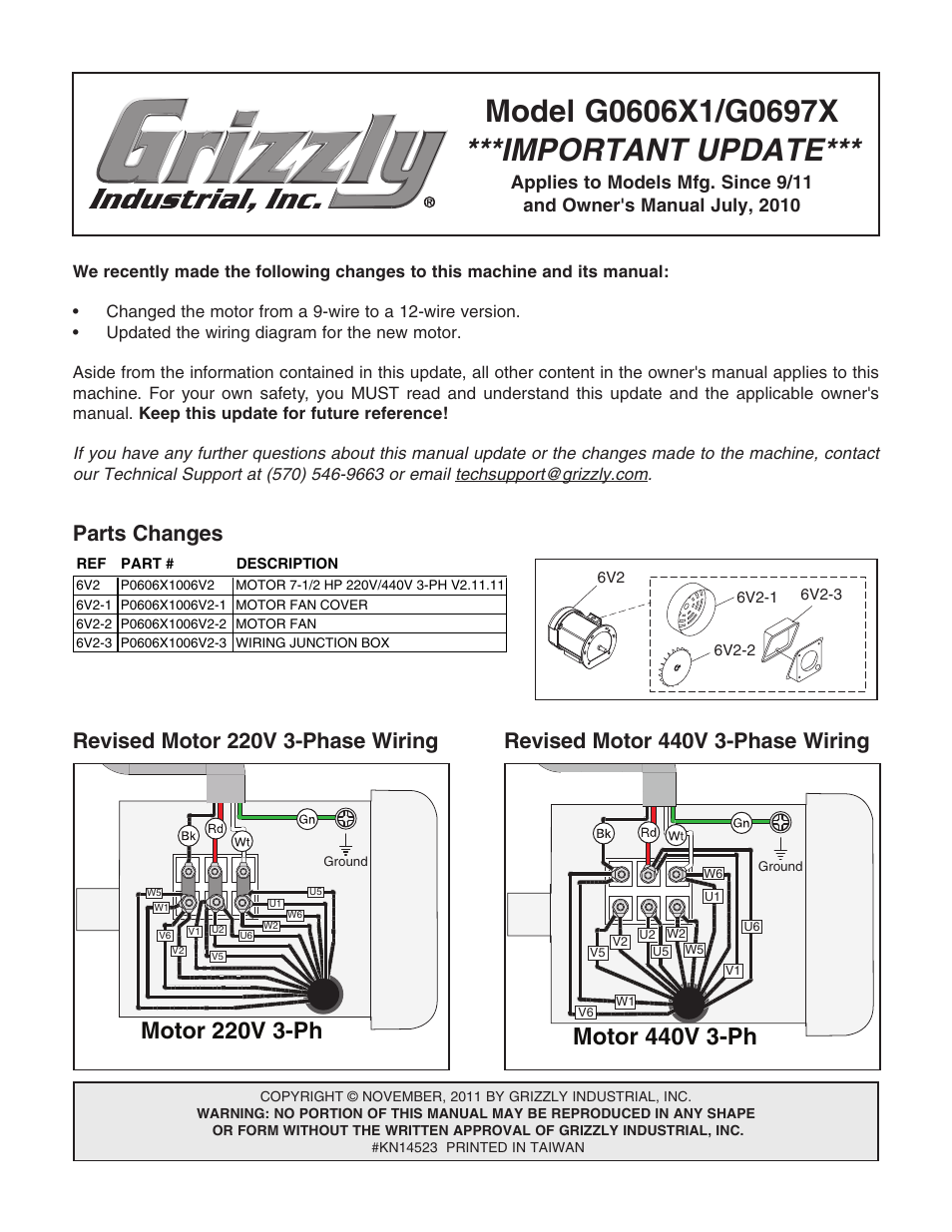 L15-30 plug (as recommended), Angle sensor digital readout fuse, Power junction box | Angle sensor digital readout, On/off switch magnetic switch assembly mpe-30, Motor 440v 3-ph, Phase converter, Parts changes, 220 vac | Grizzly G0696X User Manual | Page 2 / 101