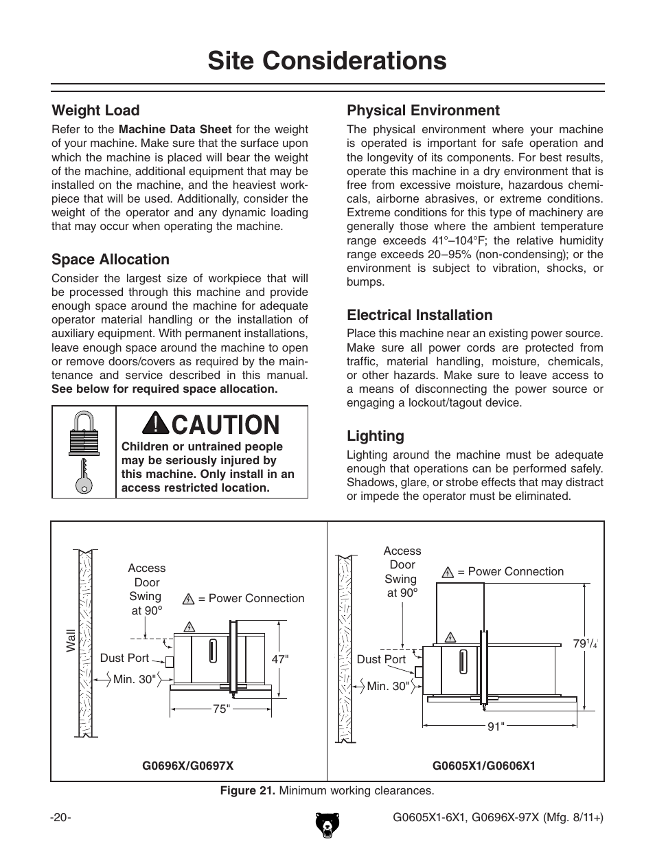 Site considerations, Weight load, Space allocation | Physical environment, Electrical installation, Lighting | Grizzly G0696X User Manual | Page 23 / 101