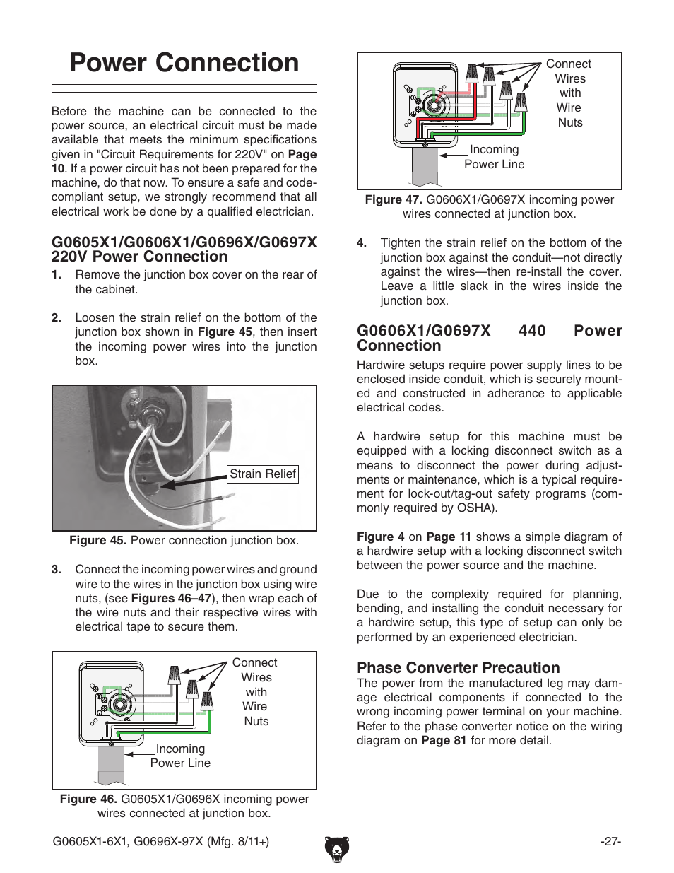 Power connection | Grizzly G0696X User Manual | Page 30 / 101