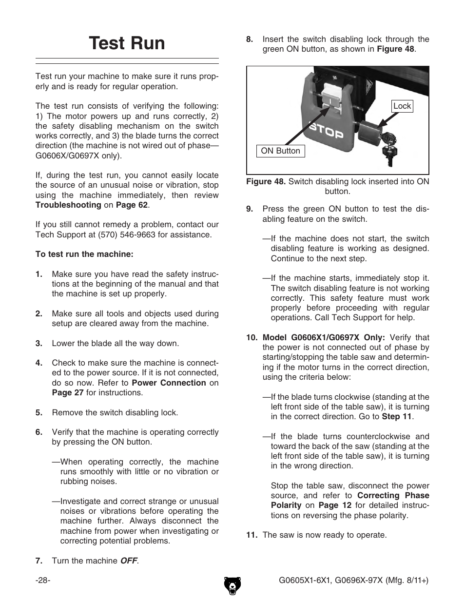 Test run | Grizzly G0696X User Manual | Page 31 / 101