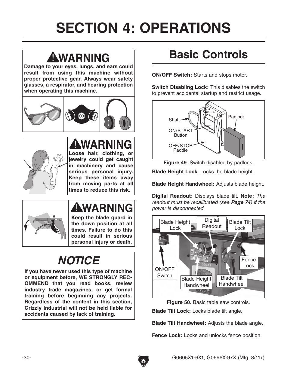 Section 4: operations, Basic controls, Notice | Grizzly G0696X User Manual | Page 33 / 101