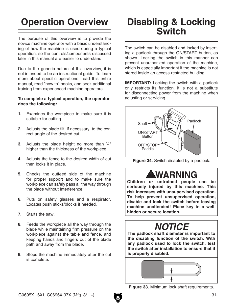 Operation overview disabling & locking switch, Operation overview, Disabling & locking switch | Notice | Grizzly G0696X User Manual | Page 34 / 101