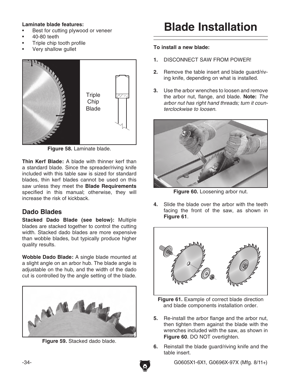 Blade installation | Grizzly G0696X User Manual | Page 37 / 101