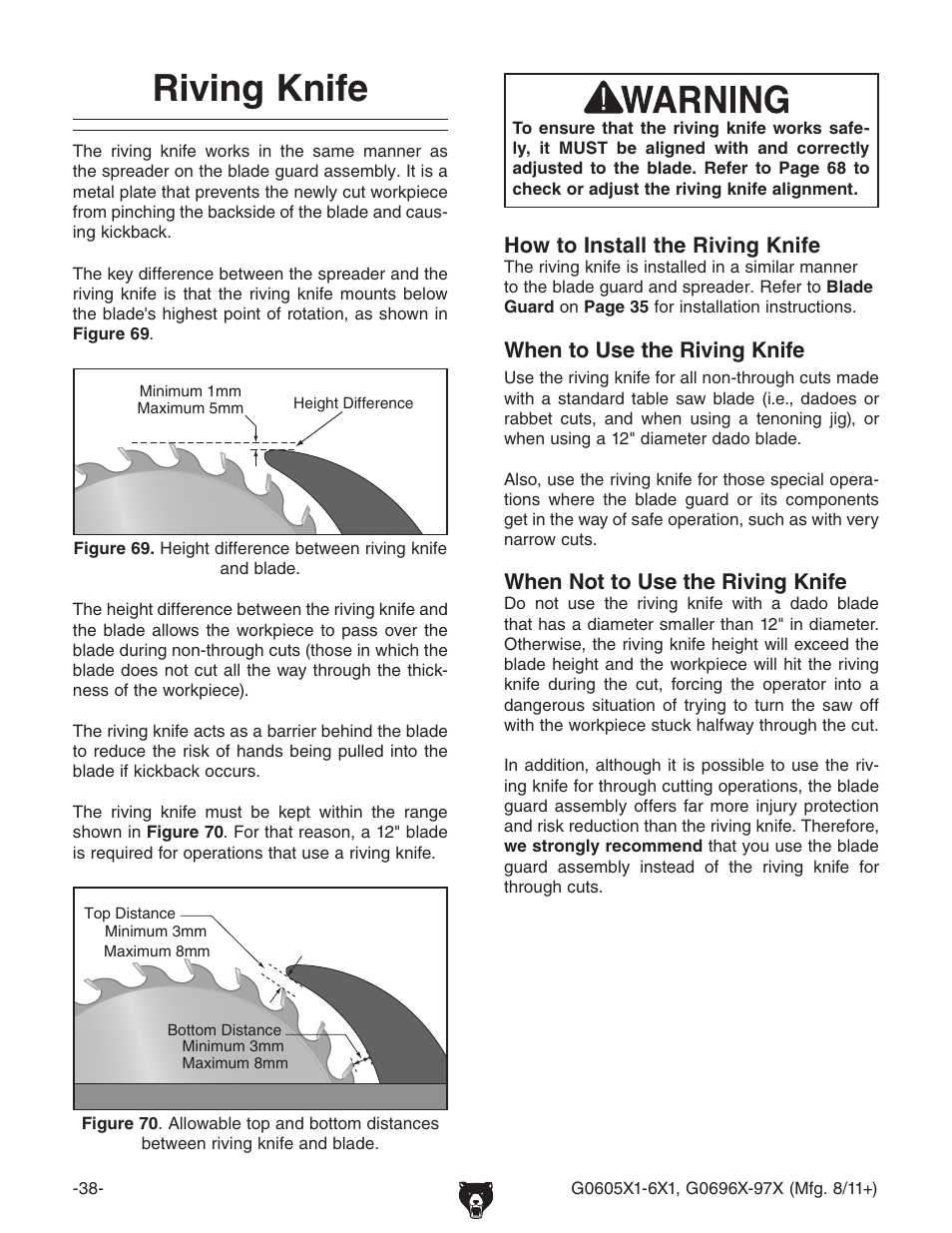 Riving knife, When to use the riving knife, When not to use the riving knife | How to install the riving knife | Grizzly G0696X User Manual | Page 41 / 101