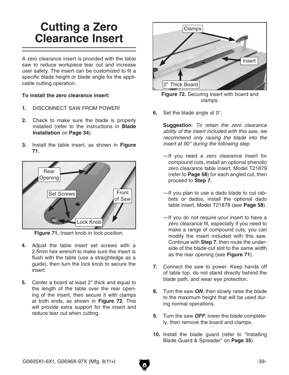 Cutting a zero clearance insert | Grizzly G0696X User Manual | Page 42 / 101