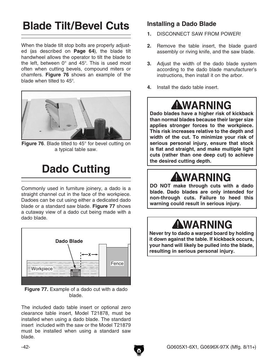 Blade tilt/bevel cuts, Dado cutting | Grizzly G0696X User Manual | Page 45 / 101